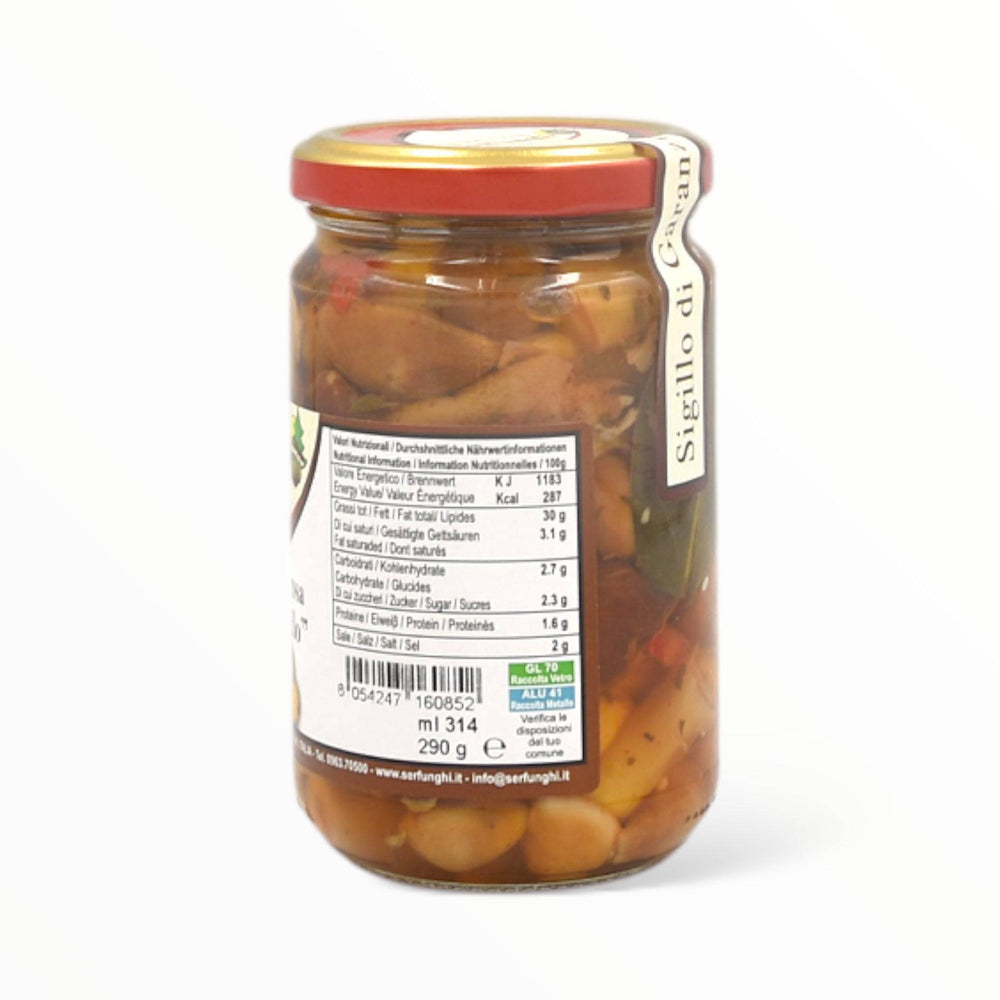 Jar of Serfunghi Funghi Misti, a mix of high-quality forest mushrooms from Calabria, ideal for appetizers, side dishes, sandwiches, sauces, and main courses.