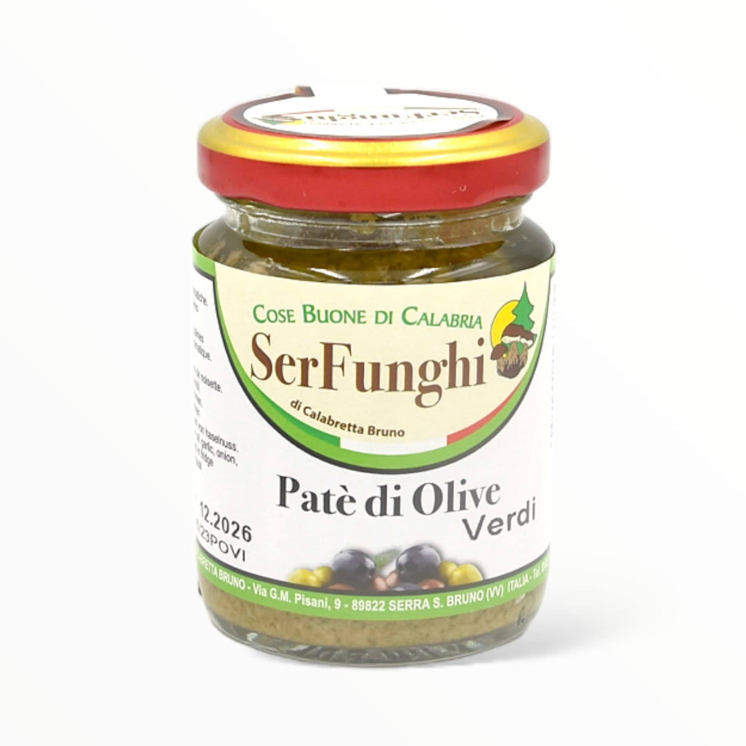 Jar of SerFunghi Patè di Olive Verdi, a 100% natural green olive spread perfect for enhancing bruschettas, sandwiches, pasta, and main dishes.