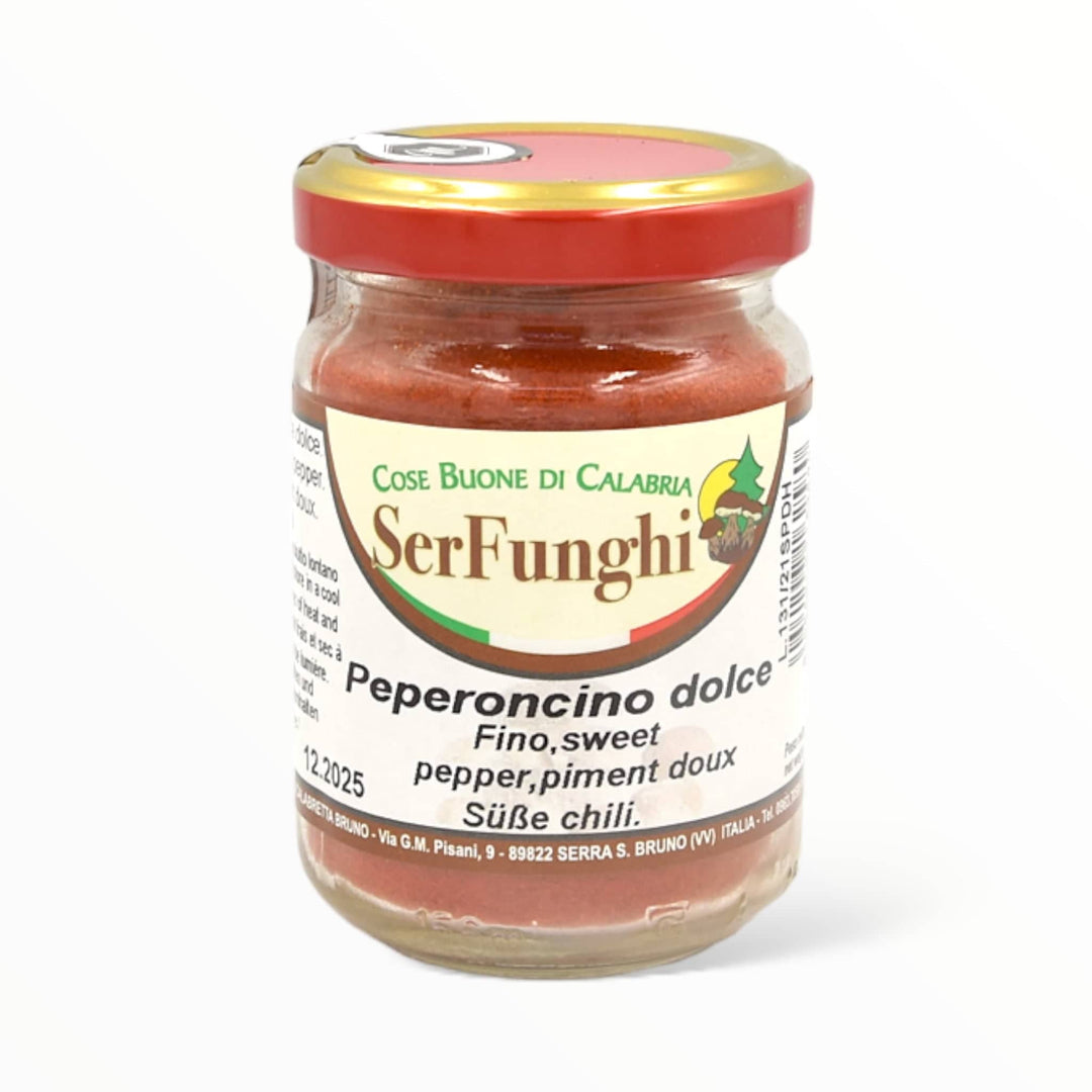 Jar of Serfunghi Peperoncino dolce macinato fino, a finely ground sweet chili pepper from Calabria.