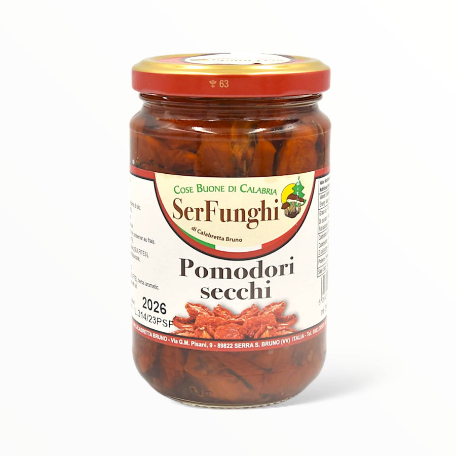 Barattolo di pomodori secchi Serfunghi prodotti a Serra San Bruno, 100% naturali e senza conservanti.